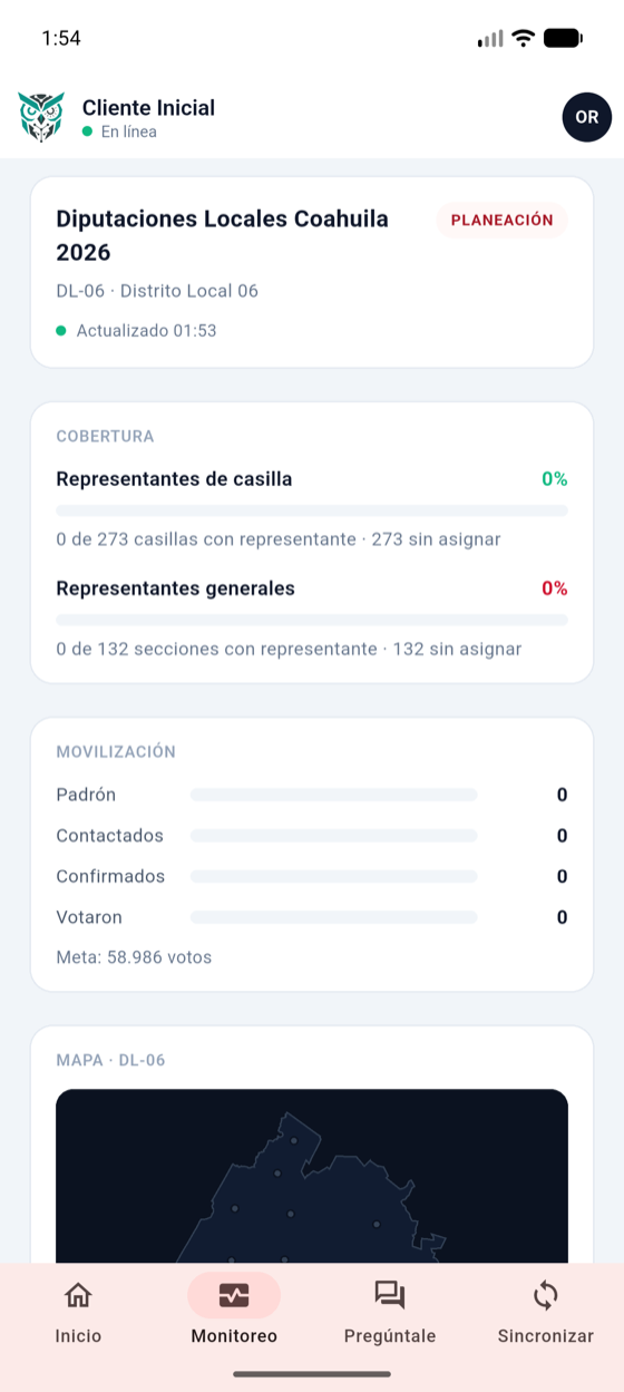 Pestaña Monitoreo de la app: cobertura, movilización y mapa del distrito.