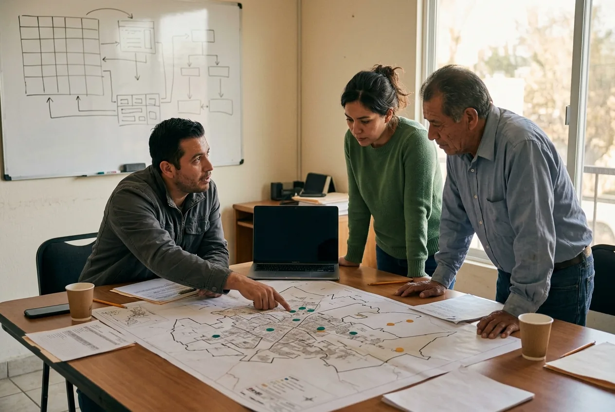Equipo de campaña alrededor de un mapa seccional impreso, en la oficina.
