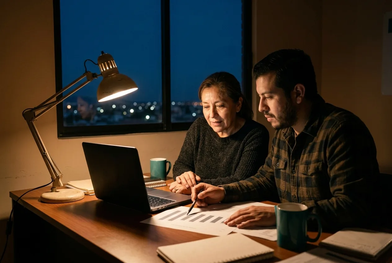 Dos personas revisan resultados de noche en una oficina de campaña.
