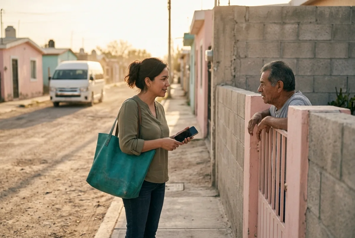 Promotora conversa con un vecino en la puerta de su casa, por la tarde.