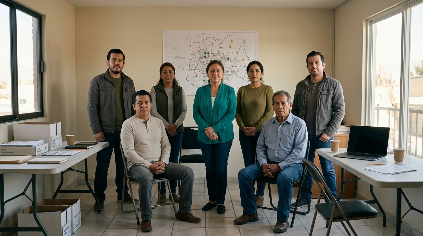 Equipo de campaña de siete personas en una oficina modesta con un mapa en la pared.